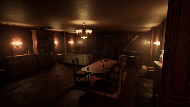 A dim community room with a piano and a long table