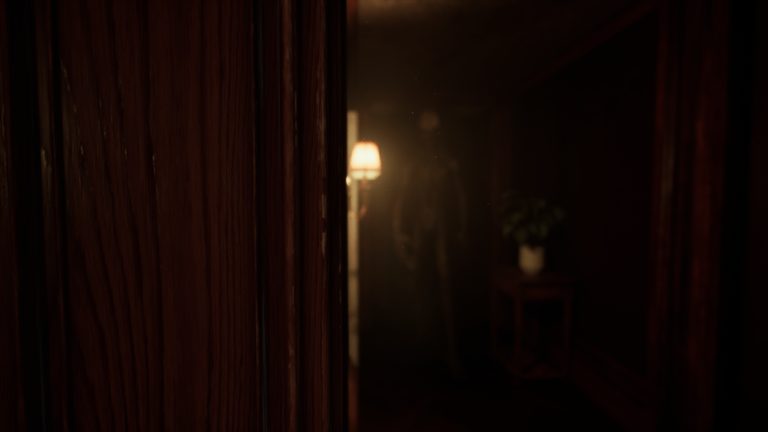 A stalker behind a wooden pillar