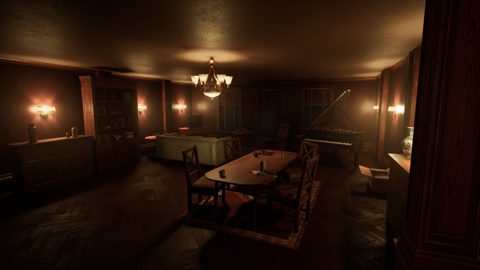 Dim dormitory common room with a chandelier, a piano and a long table
