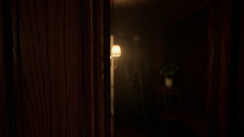 A stalker standing in a dark room behind a wooden door frame