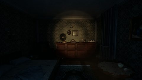 Dark dorm room with an unmade bed and a dresser