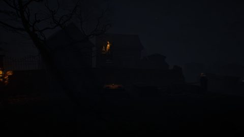 The graveyard at night, in fog, with a bare tree