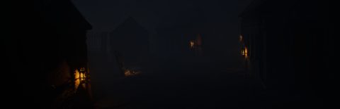Wide background art of a foggy village at night