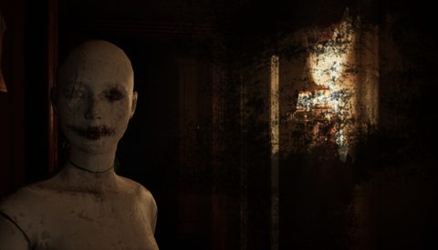 Unsound key art without logo, a cracked porcelain mannequin in a dark room
